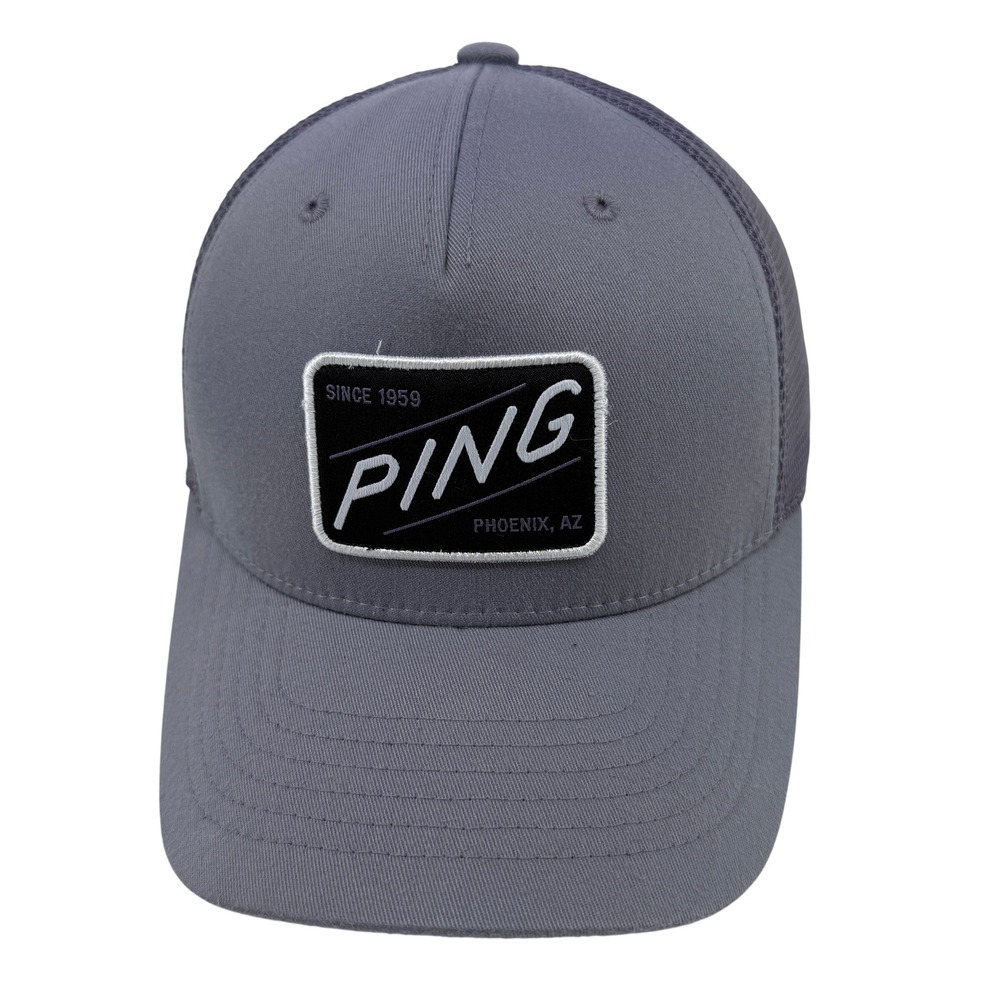 PING Trucker Hat Mens OSFA Grey Polyester Mesh Flexfit 110 Snapback Logo Patch